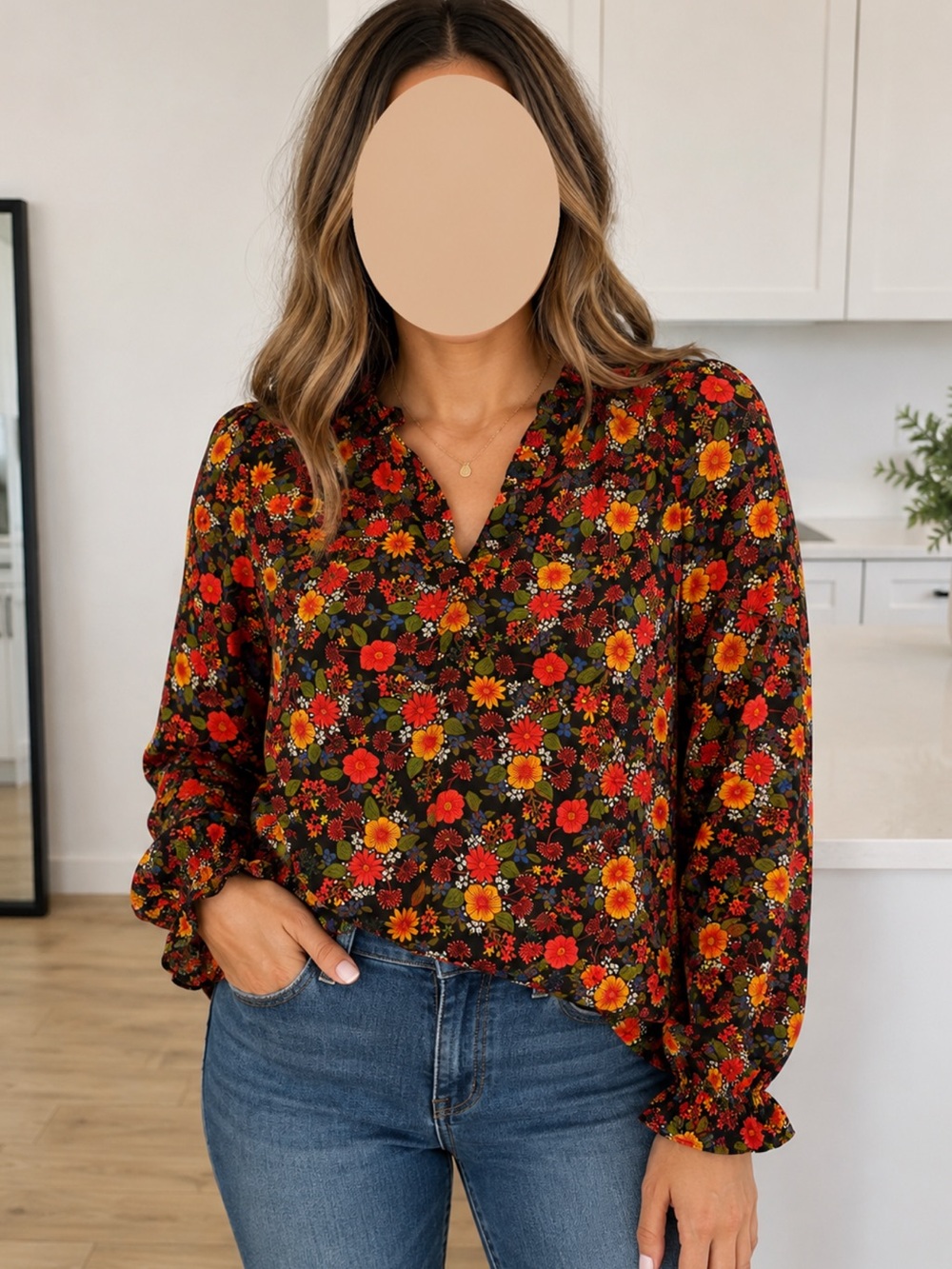 bobeau Black Floral V-Neck Long Sleeve Blouse with Red and Yellow Flowers